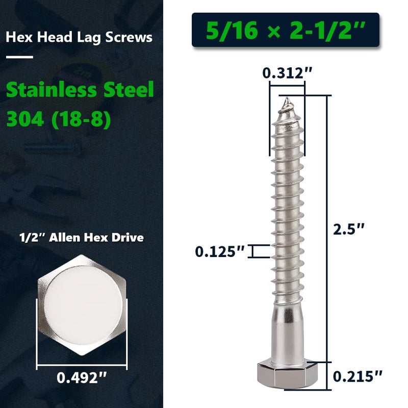 RoyceMart 10-Sets 5/16 x 2-1/2" Hex Head Lag Screws & Flat Washers, Heavy Duty Lag Wood Screws, 304 Stainless Steel (18-8), 5/16" Bolt - Image 2
